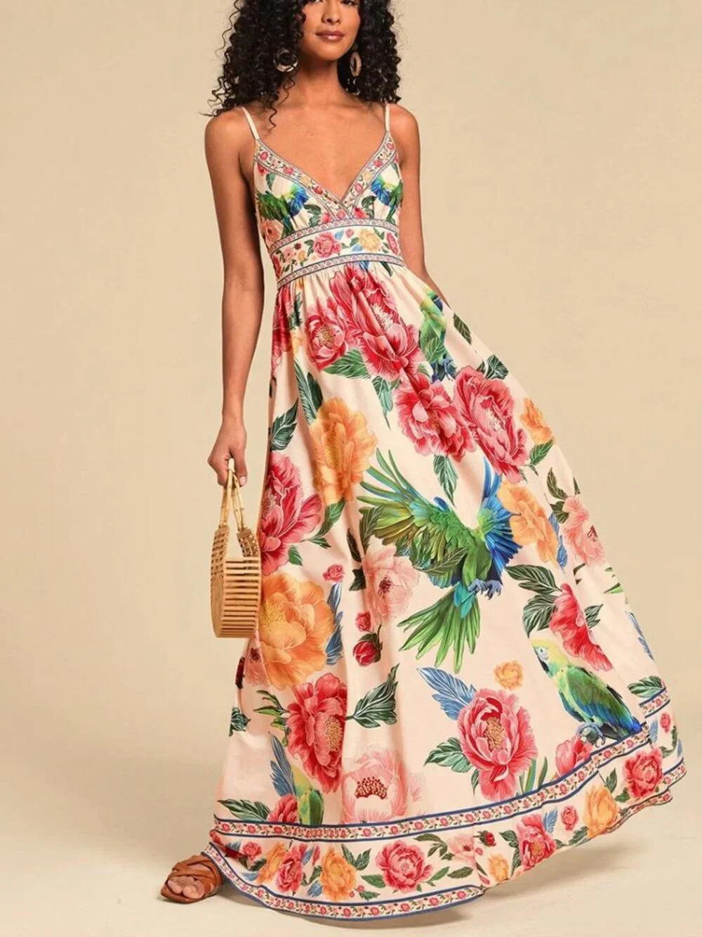 NEW - Tropical Floral Parrot Print Maxi Dress Boho Vacation Sundress
